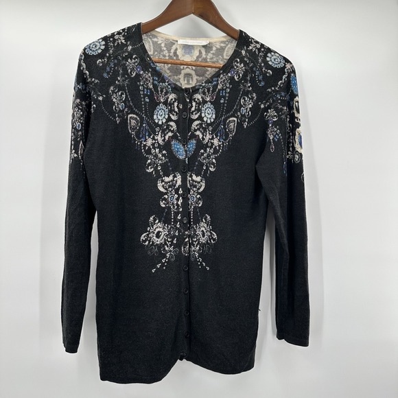 Anne Fontaine Cardigan Sweater Womens  US 12 Black Jewel Print Button Soft